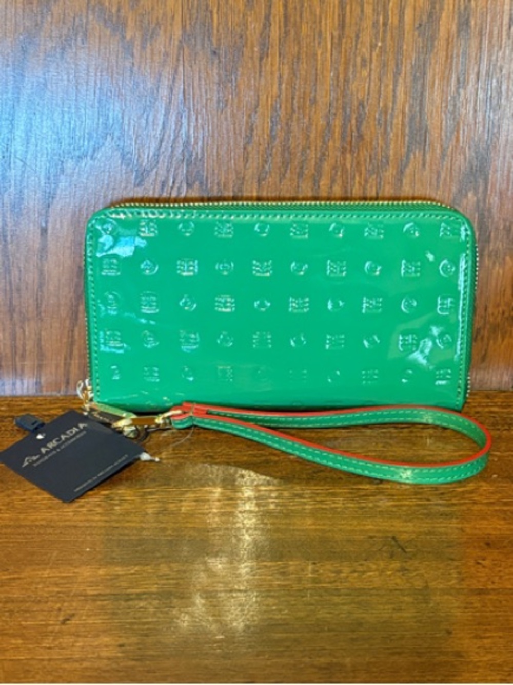 NWT-Arcadia-Zip Around Continental Wallet-Embossed Logo-Patent Leather-Green